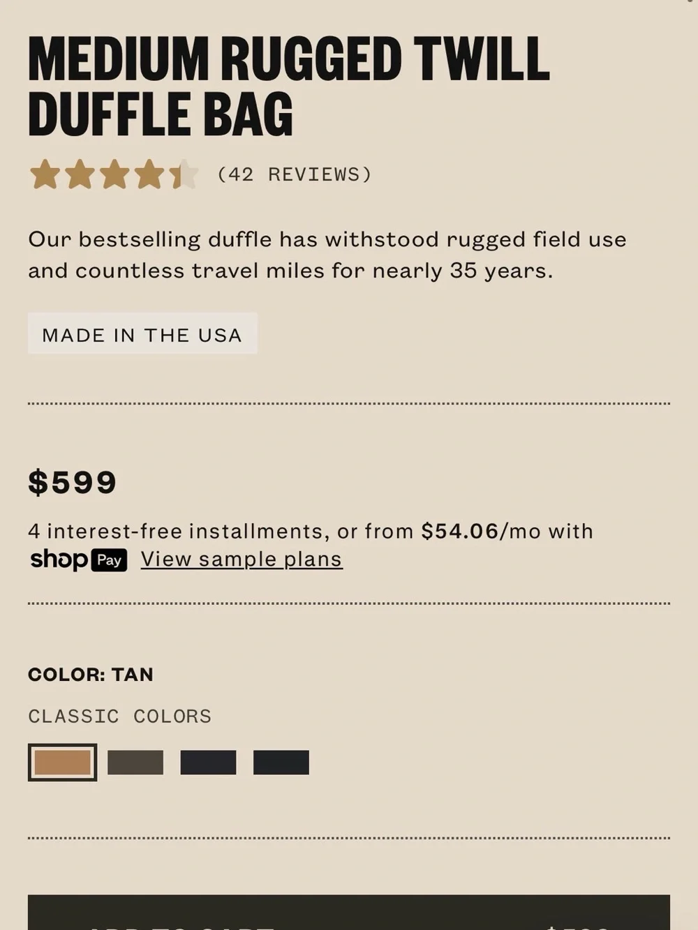 Filson Medium Rugged Twill Duffle Bag Tan Made at Filson USA Leather Strap.